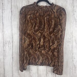 Joie‎ Top Women L Brown Marble Print Smocked Blouse Sheer Sleeve Fairy Ethereal
